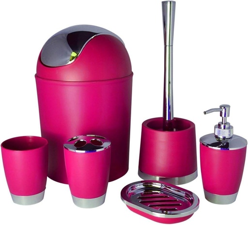 [FX8029PN] Bathlux Modern Design 6 Piece Bathroom Accessory Set, Toilet Brush, Waste Bin, Soap Dish, Tooth Brush Holder Soap Dispenser, Rinse Cup Pink