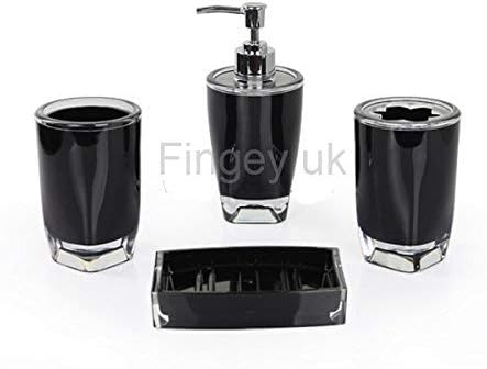 [FX8013BL] Fingey Modern Design 4 Piece Bathroom Accessory Set, Soap Dish, Tooth Brush Holder, Soap Dispenser, Rinse Cup (Black)