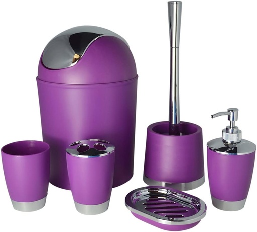 [FX8029PR] Bathlux Modern Design 6 Piece Bathroom Accessory Set, Toilet Brush, Waste Bin, Soap Dish, Tooth Brush Holder Soap Dispenser, Rinse Cup Purple