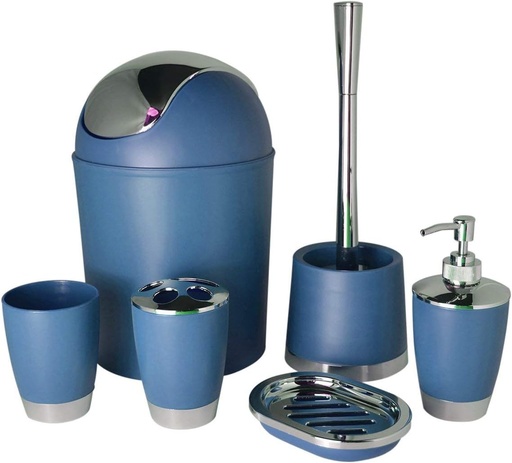 [FX8029BL] Bathlux Modern Design 6 Piece Bathroom Accessory Set, Toilet Brush, Waste Bin, Soap Dish, Tooth Brush Holder Soap Dispenser, Rinse Cup Blue