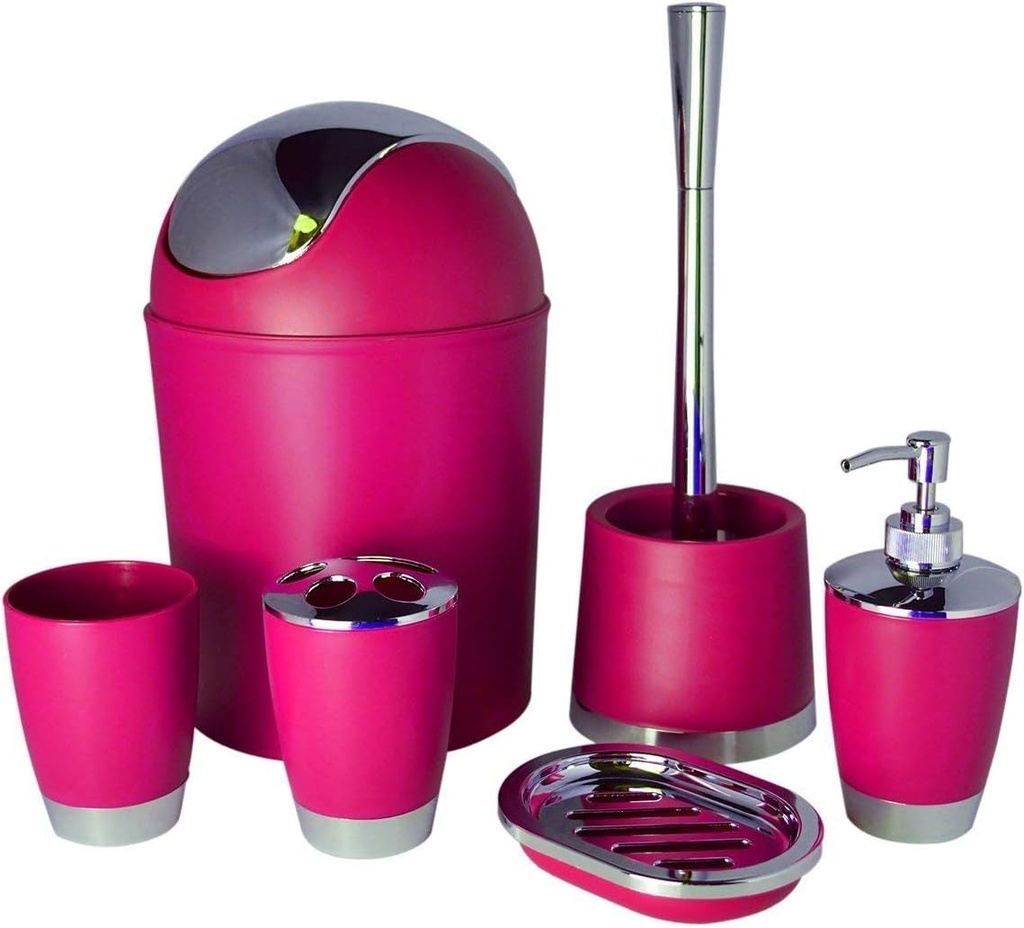 Bathlux Modern Design 6 Piece Bathroom Accessory Set, Toilet Brush, Waste Bin, Soap Dish, Tooth Brush Holder Soap Dispenser, Rinse Cup Pink