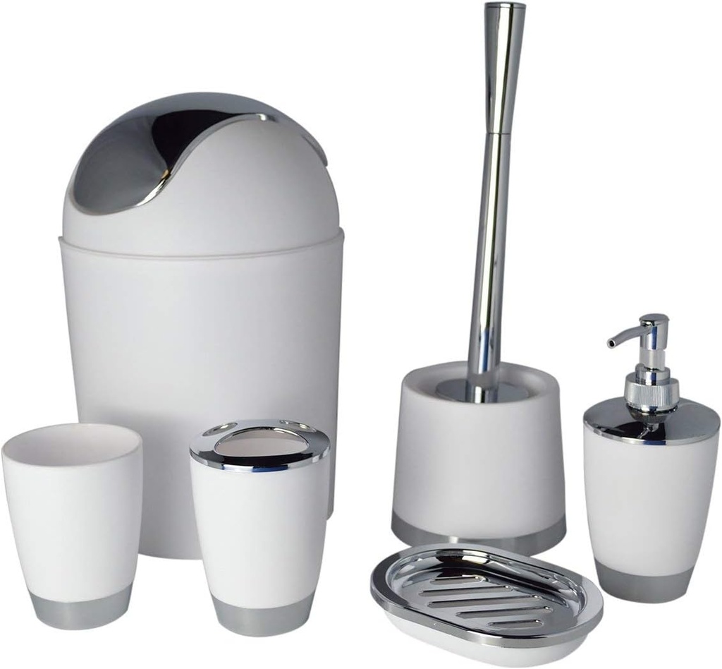 Bathlux Modern Design 6 Piece Bathroom Accessory Set, Toilet Brush, Waste Bin, Soap Dish, Tooth Brush Holder Soap Dispenser, Rinse Cup White