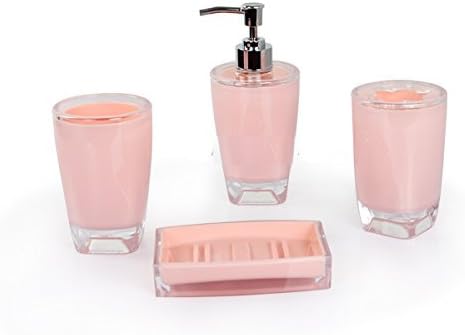 Fingey Modern Design 4 Piece Bathroom Accessory Set, Soap Dish, Tooth Brush Holder, Soap Dispenser, Rinse Cup Pink