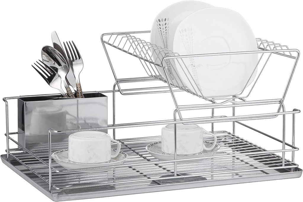 FurnitureXtra Stainless Steel Dish Drainer with Drip Tray and Cutlery Holder (2 Tier Steel)