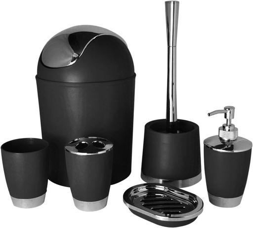 [FX8029BLK] Bathlux Modern Design 6 Piece Bathroom Accessory Set, Toilet Brush, Waste Bin, Soap Dish, Tooth Brush Holder Soap Dispenser, Rinse Cup Black