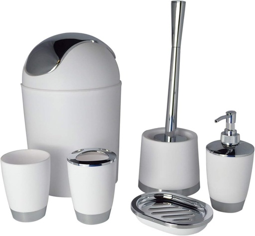 [FX8029WH] Bathlux Modern Design 6 Piece Bathroom Accessory Set, Toilet Brush, Waste Bin, Soap Dish, Tooth Brush Holder Soap Dispenser, Rinse Cup White