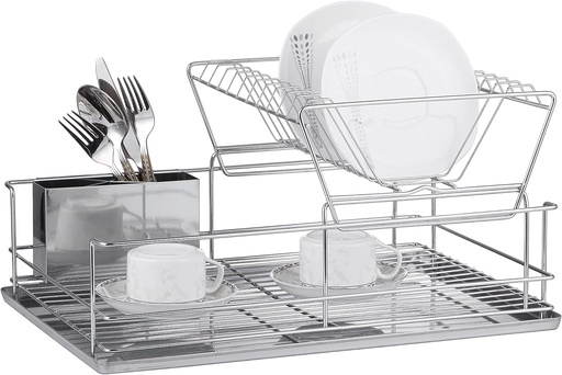 [FX-XY1063S] FurnitureXtra Stainless Steel Dish Drainer with Drip Tray and Cutlery Holder (2 Tier Steel)