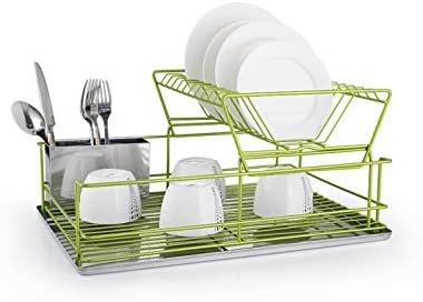 FurnitureXtra Stainless Steel Dish Drainer with Drip Tray and Cutlery Holder (Green)